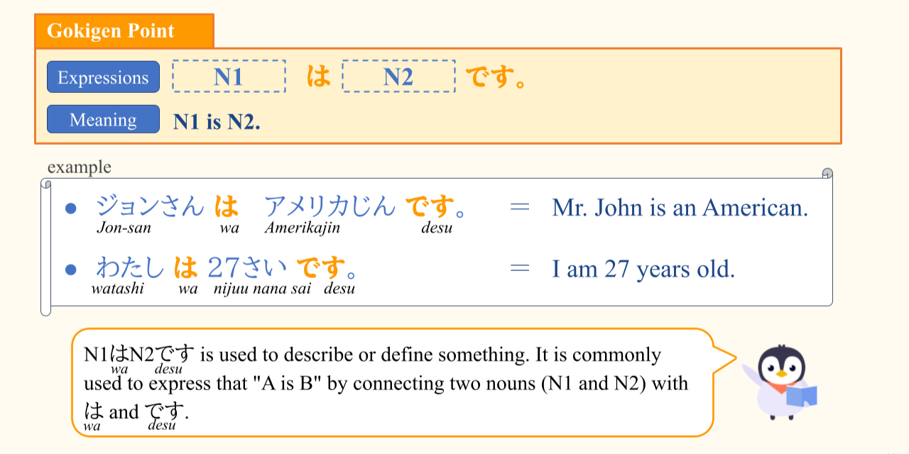 Japanese grammar material sample: N1 は N2 です
